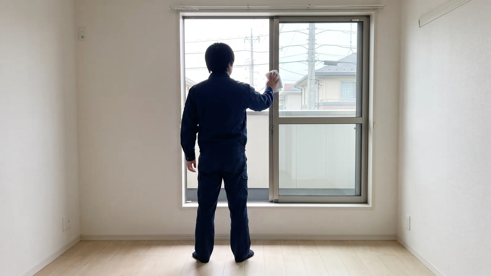 家具の無い明るい部屋で、窓の枠を拭く清掃スタッフの後ろ姿