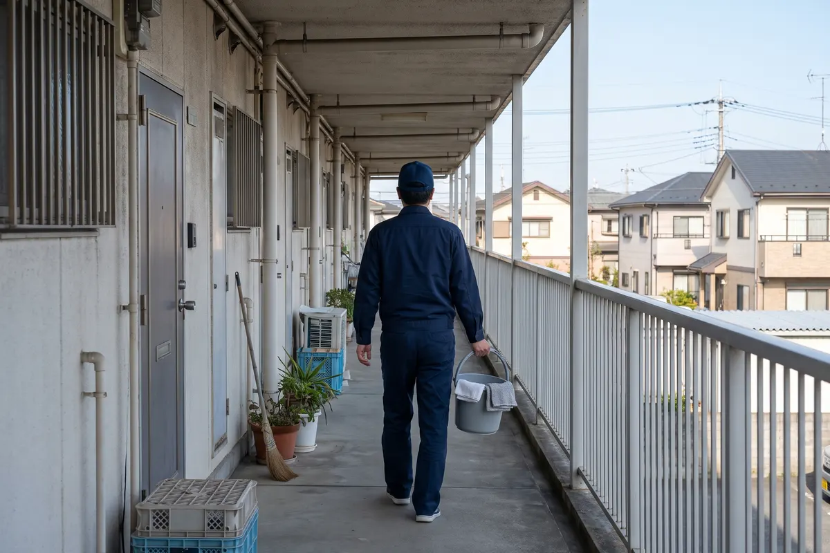 アパートの外の廊下を、バケツを持って歩く清掃スタッフの後ろ姿