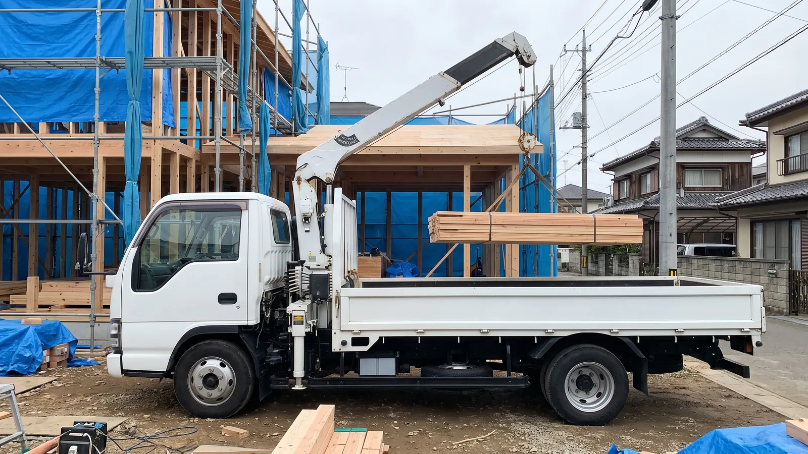 建築中の家の横で木材を吊るクレーン付きトラック