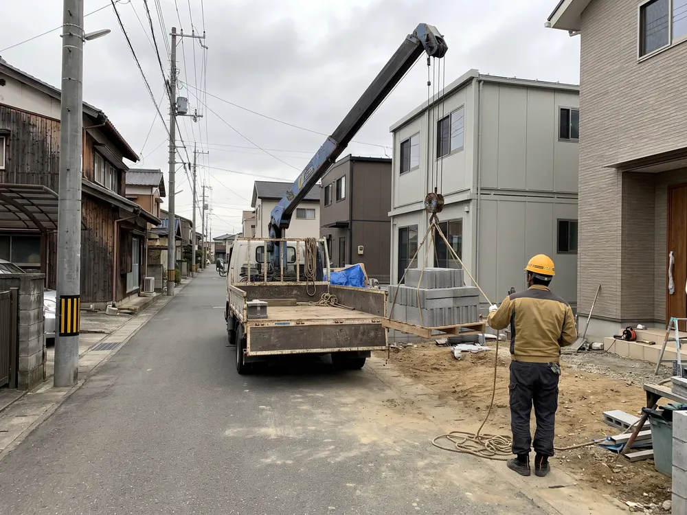 クレーンで地面に下ろすブロックのパレット