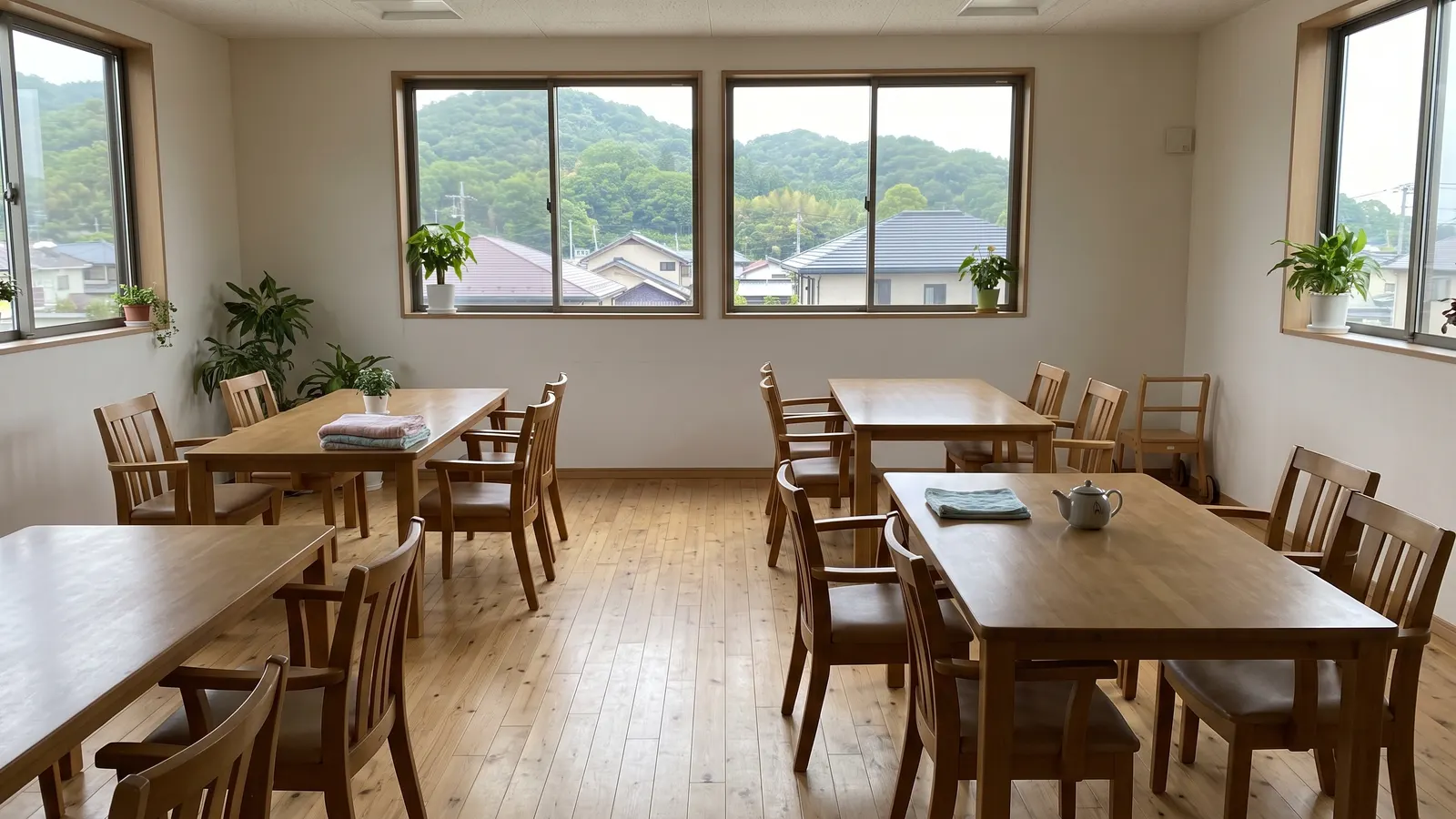 山の見える窓と、木の机といすが並ぶ明るい部屋