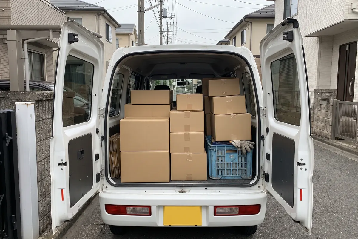 後ろの扉を開けて荷物を積んだ白い軽自動車