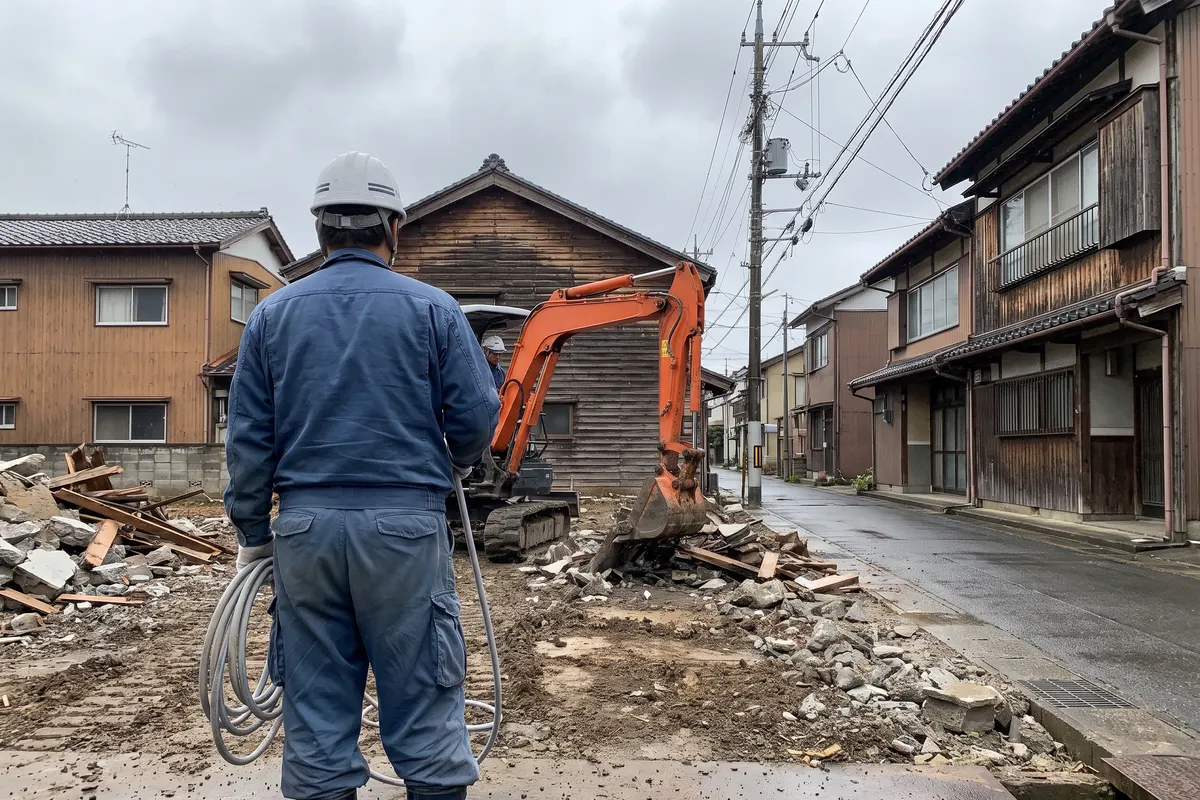現場で重機の作業を見守る作業員の後ろ姿