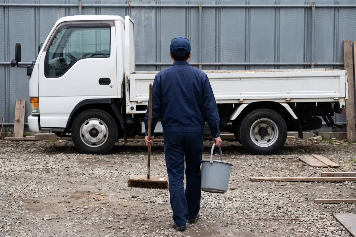 ブラシとバケツを持って、車庫のトラックへ向かう作業員の後ろ姿
