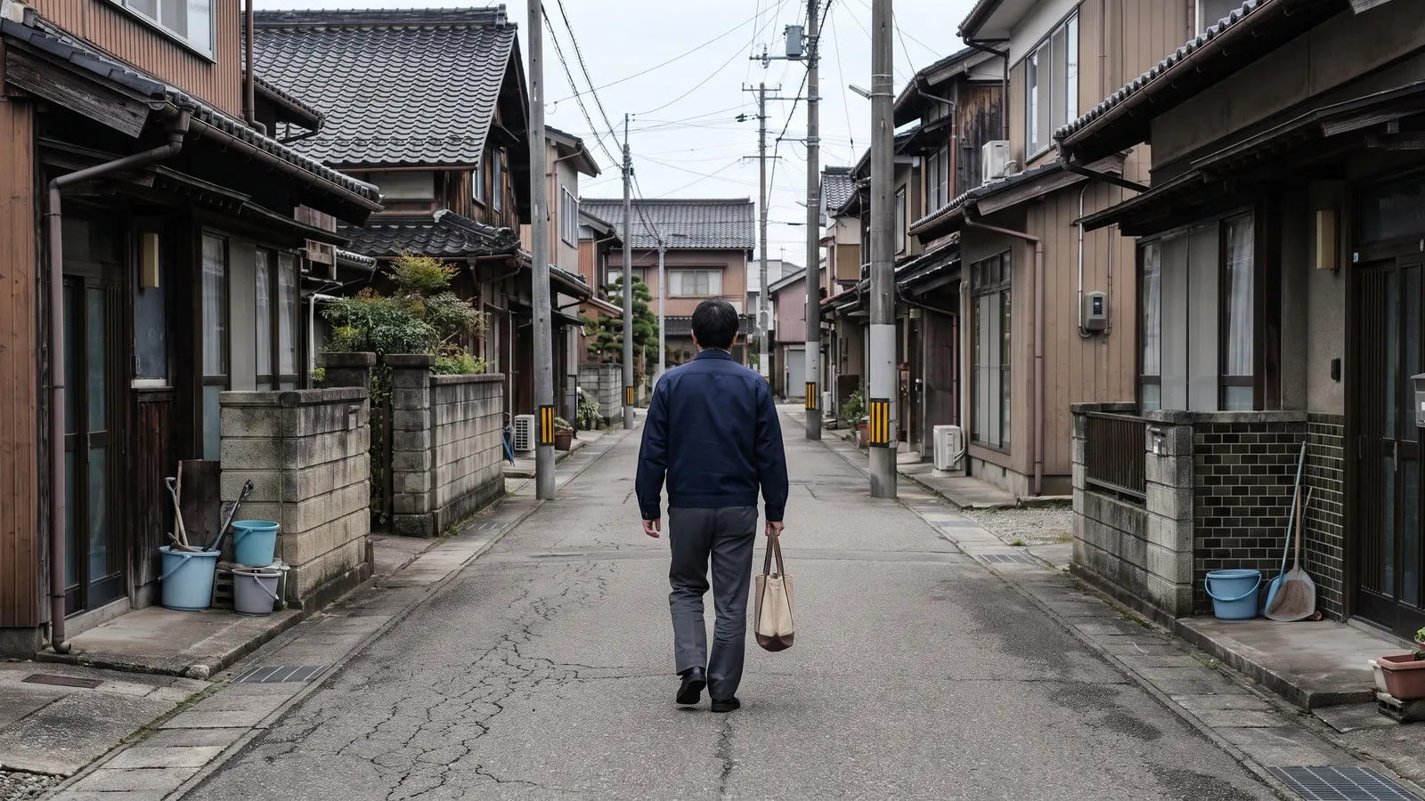 布の袋を持って、家の並ぶ道を歩いていく職員の後ろ姿