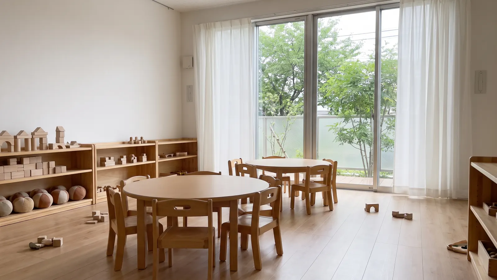 低い棚と小さな机といすが並ぶ、朝の明るい保育室