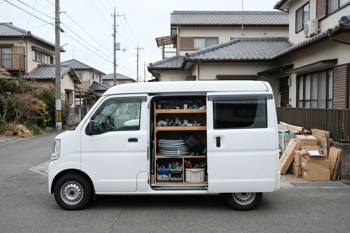 棚に配管の部品と道具を並べた工事の車
