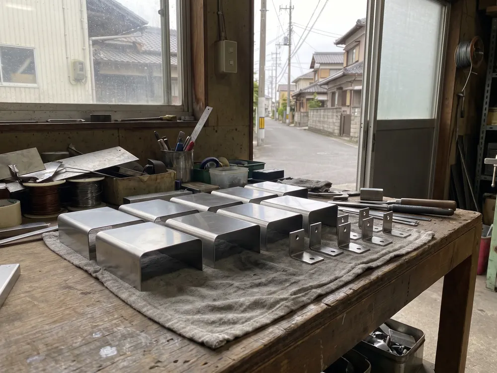 作業台に並べた曲げたステンレスのカバーと金具